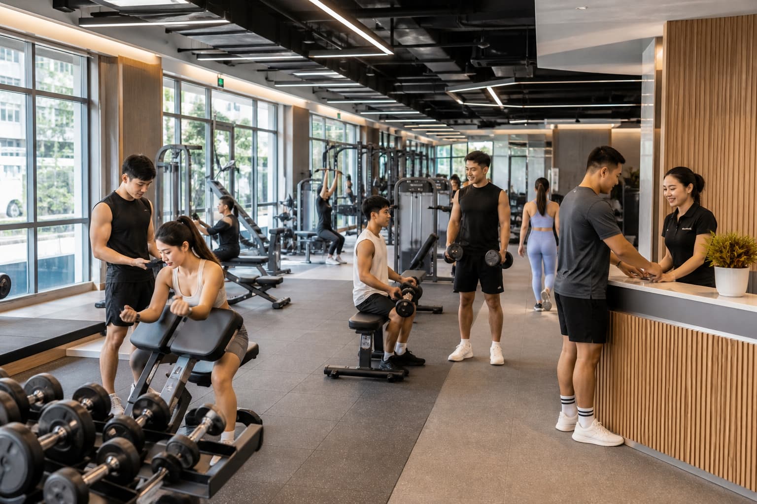 Phòng gym hiện đại tại Việt Nam với không gian sạch sẽ và hội viên đang tập luyện