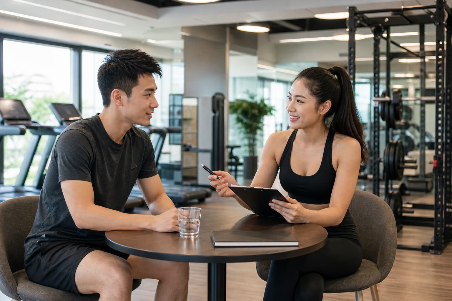 Người mới tập đang trao đổi mục tiêu với huấn luyện viên cá nhân trong studio hiện đại