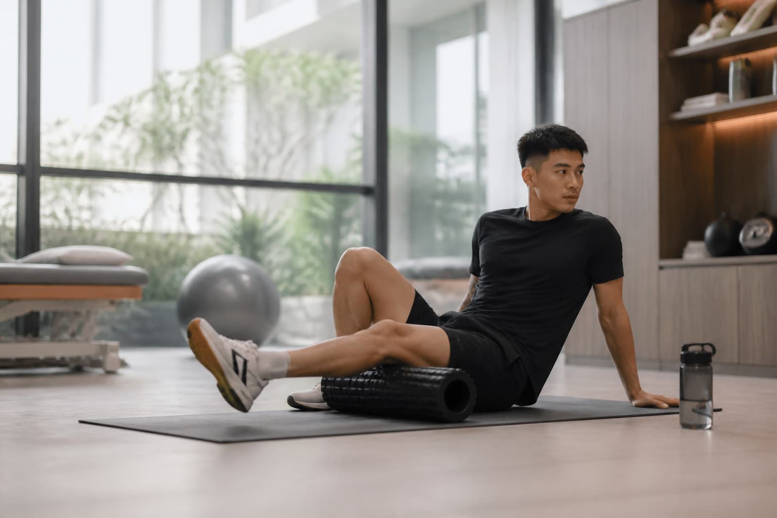 Người tập luyện Việt Nam phục hồi sau buổi tập với stretching và foam rolling